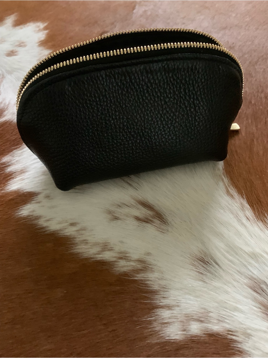 Black Pebbled Leather Gold Zipper Cosmetic Pouch